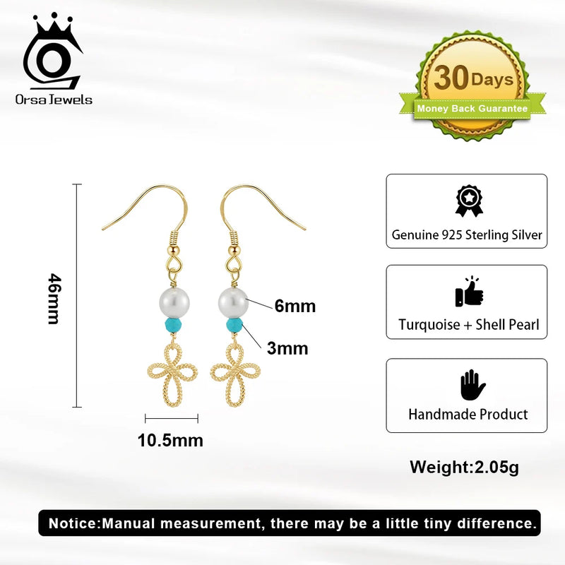 S925 Silver Turquoise & Shell Pearl Flower Dangle Earrings, for Women