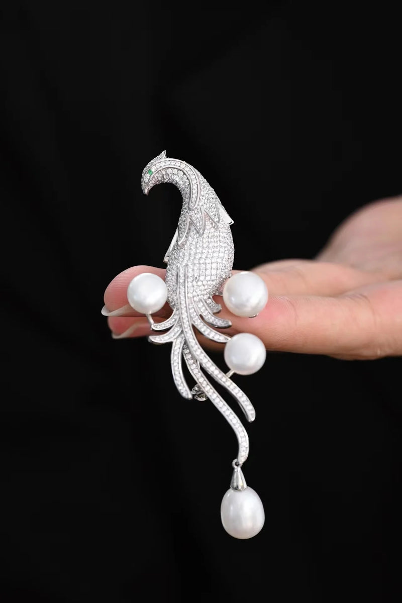 925 Sterling Silver Freshwater Pearl Diamond Bird Brooches for Women