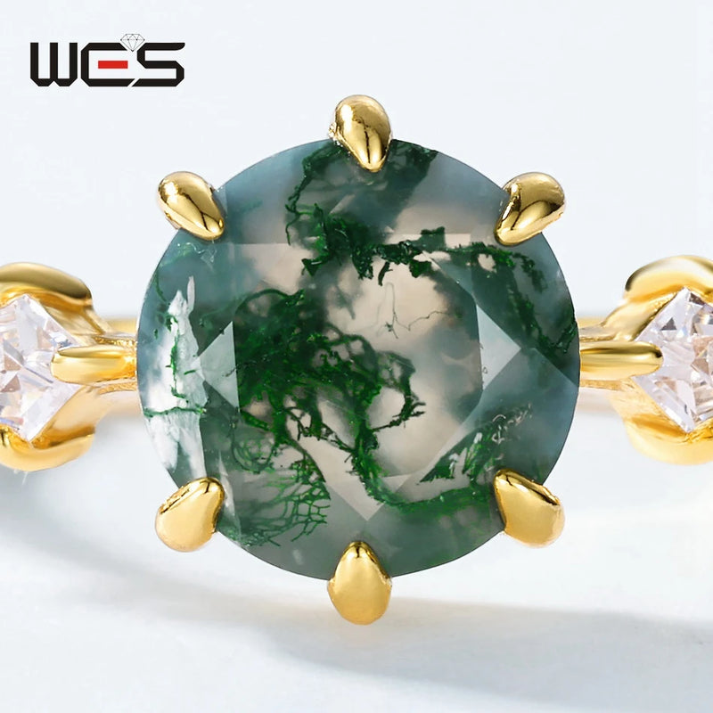 Gold Plated Moss Agate Classic Ring for Women