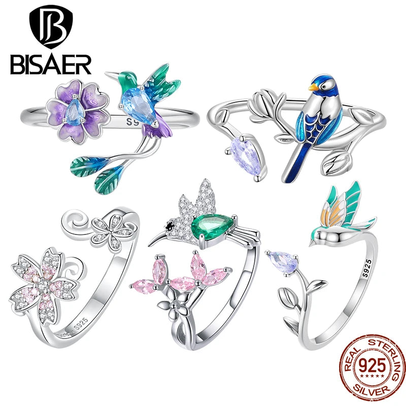 Sterling Silver Floral Bird Open Ring Flower Band, Adjustable Size 5-9, for Women