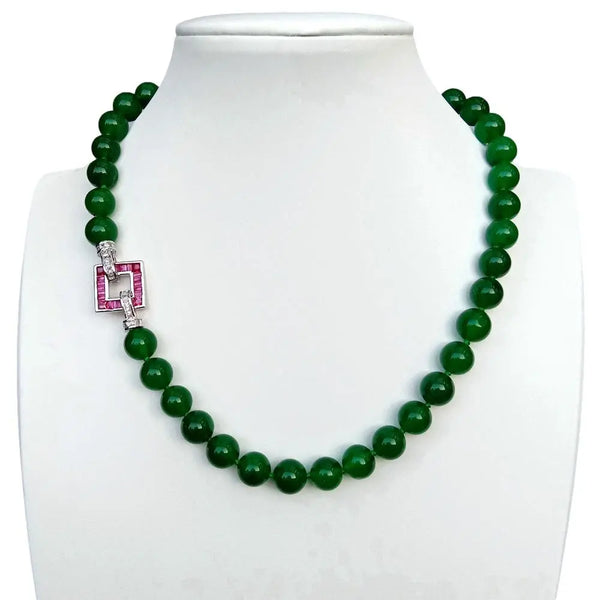 Sterling Silver Green Jade Necklace with Fuchsia CZ Pave Clasp for Women