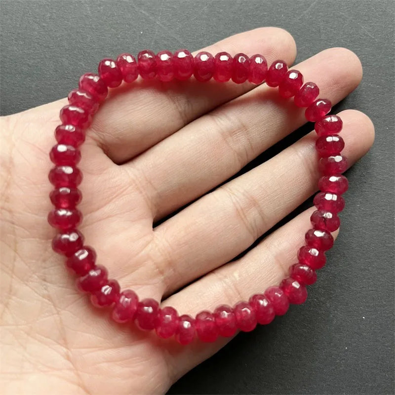 Sterling Silver Beaded Red Ruby Bracelet, 5.8mm Faceted, Boho Geometric for Women