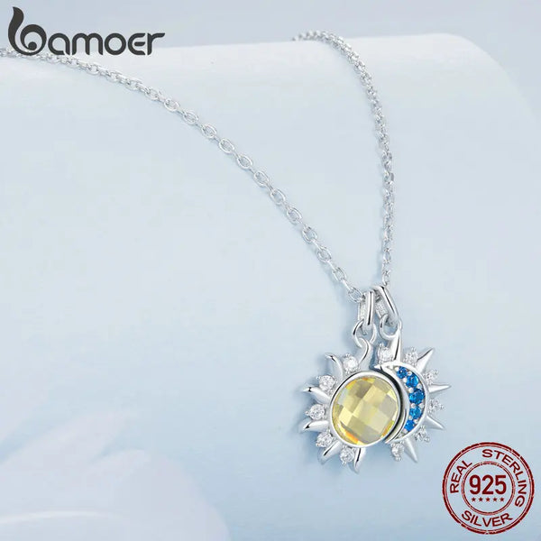 925 Sterling Silver White Gold Plated Sun and Moon Pendant Necklace for Women