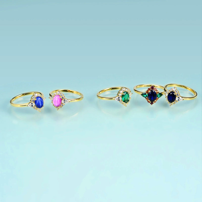 14K Gold Filled 925 Sterling Silver Lab Sapphire, Emerald, Garnet, Citrine Halo Ring for Women