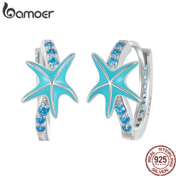 Sterling Silver Blue CZ Starfish Huggie Hoop Earrings for Women