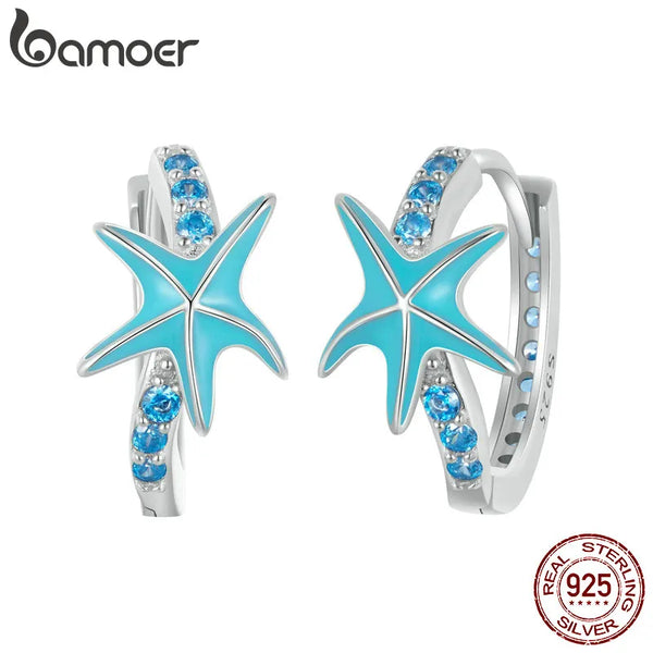 Sterling Silver Blue CZ Starfish Huggie Hoop Earrings for Women