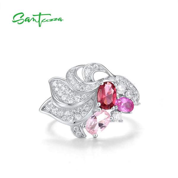 925 Sterling Silver Red Pink Stone & CZ Cluster Ring for Women