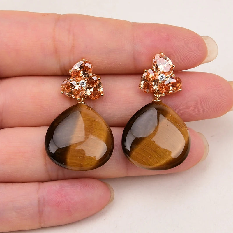 Gold Plated Natural Yellow Tiger's Eye Teardrop Dangle Earrings for Women