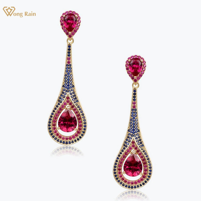 Silver 18k Gold Plated Pear Cut Ruby and Diamond Water Drop Earrings for Women