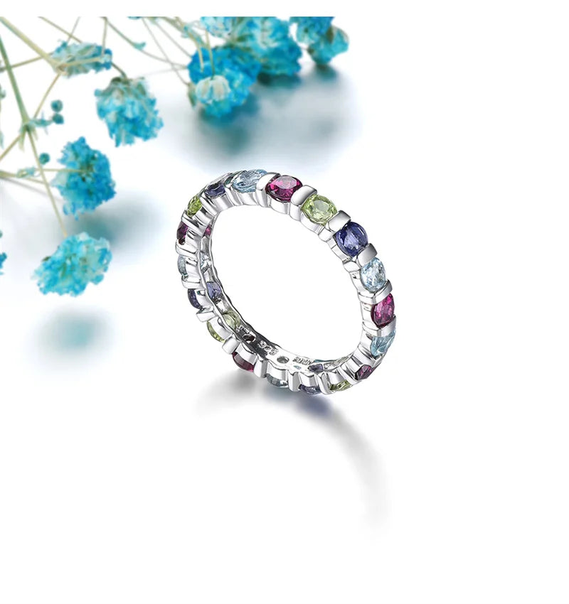 Sterling Silver Rhodolite Garnet Lolite Topaz Eternity Ring for Women