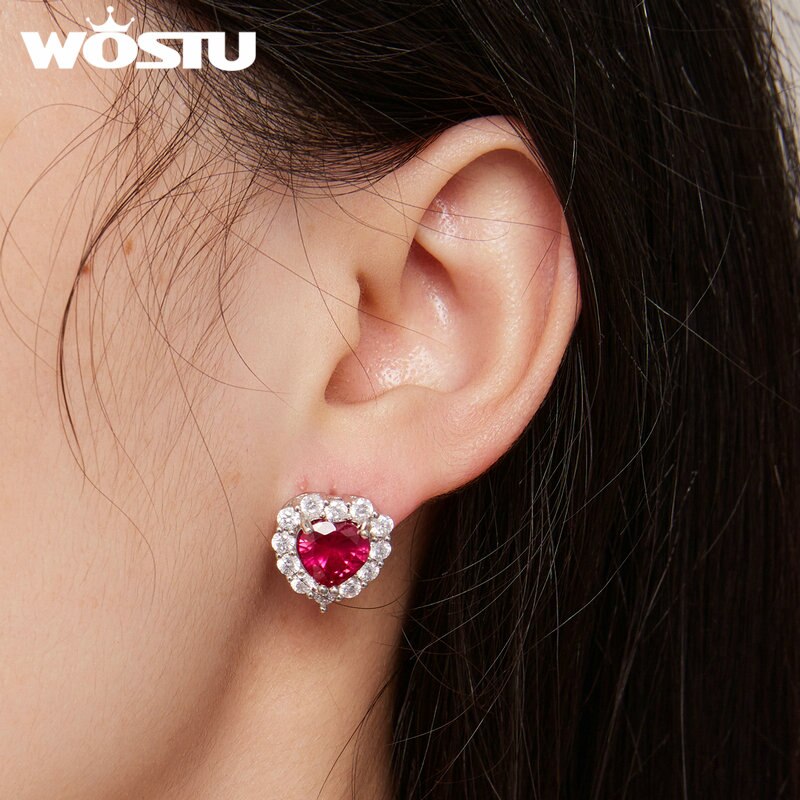 925 Sterling Silver Ruby Red Zircon Heart Stud Earrings for Women