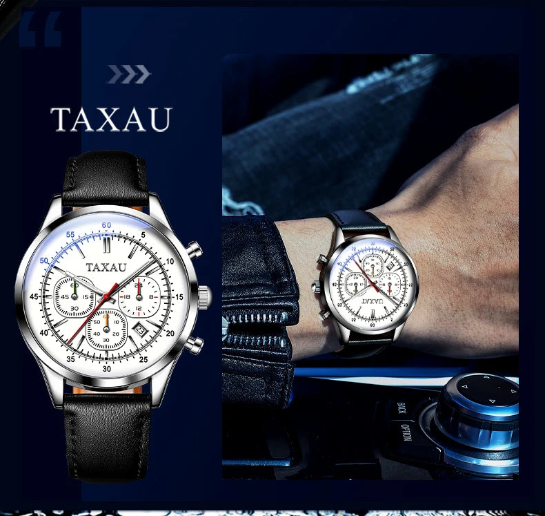 Stainless Steel Leather Strap Waterproof Quartz Watch for Men