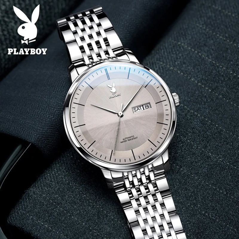 Stainless Steel Simple Automatic Mechanical Watch with Calendar for Men