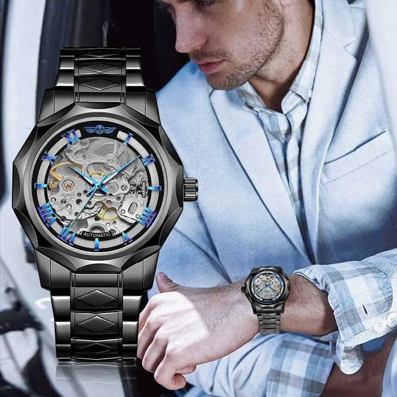 Stainless Steel Skeleton Automatic Mechanical Watch for Men