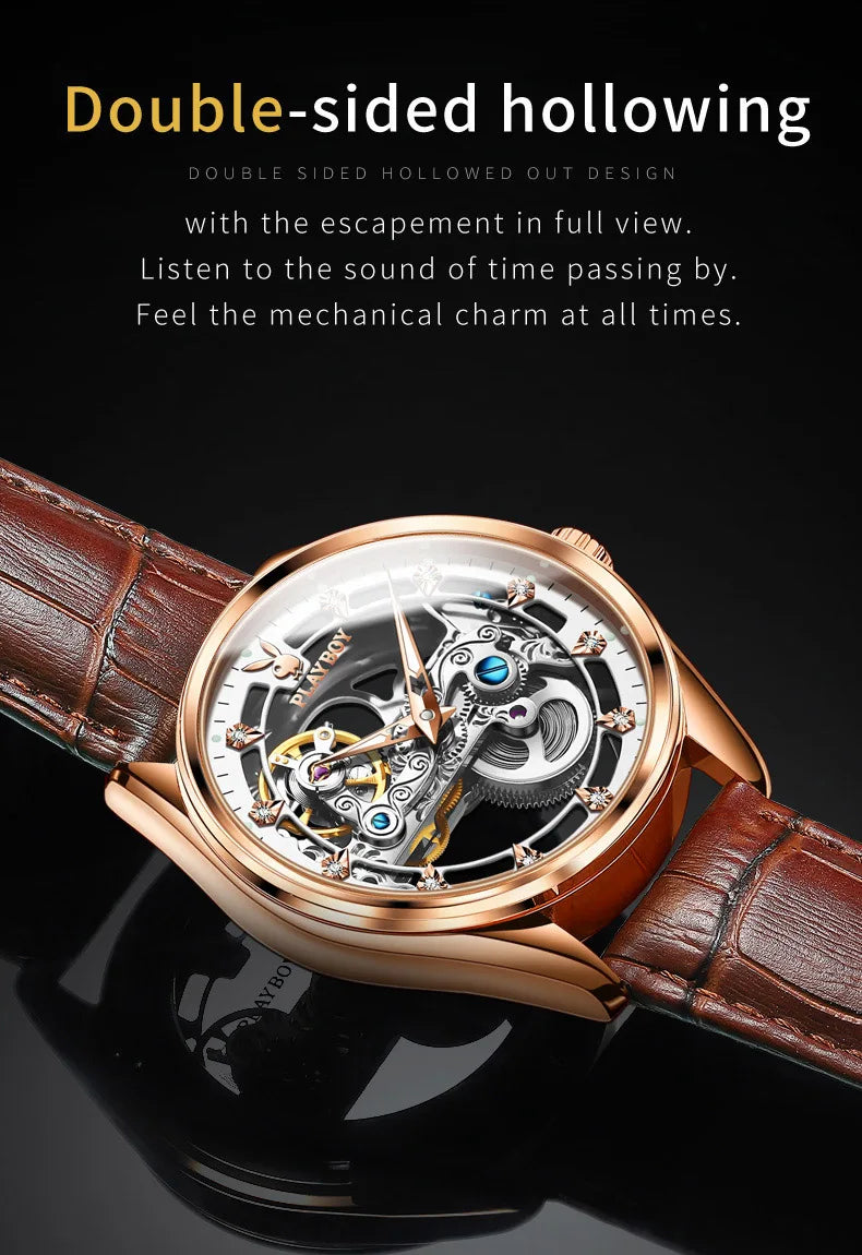 Stainless Steel Hollow Out Automatic Mechanical Watch with Luminous Leather Strap for Men