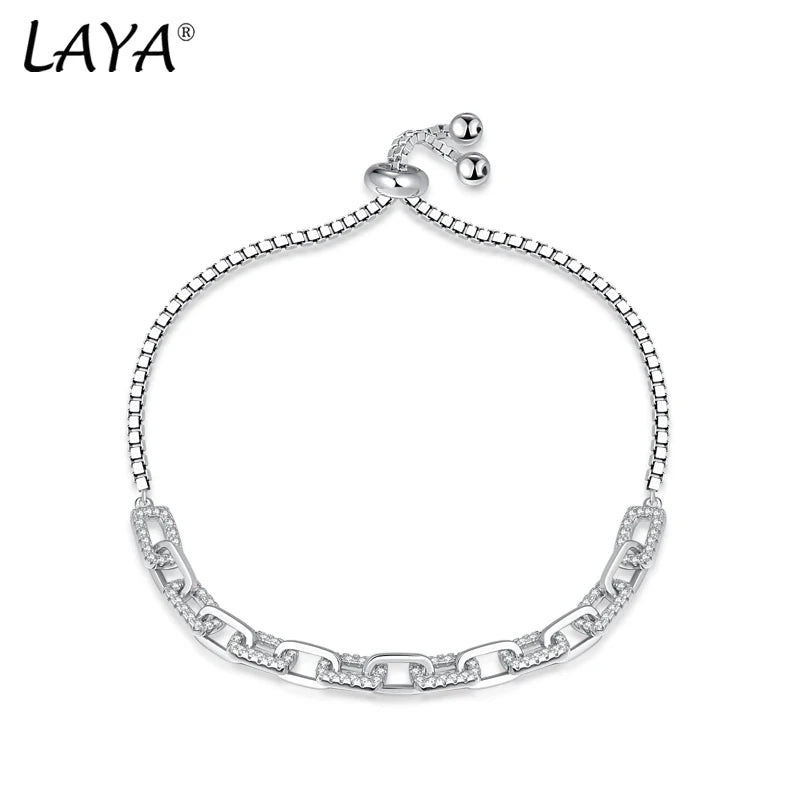 925 Sterling Silver Adjustable Chain Link Bracelet with Shining Zircon Stones for Men and Women