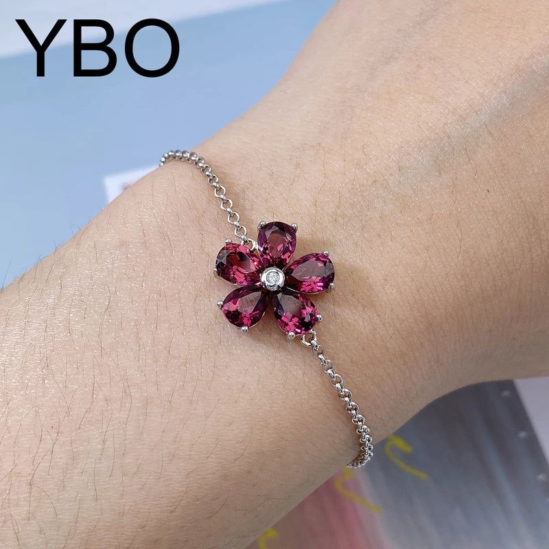 925 Sterling Silver Pyrope Red Stone Flower Bangle Bracelet for Women