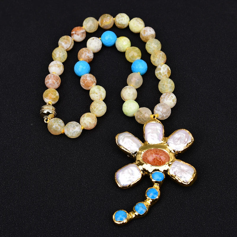 Gold Fire Agate Blue Turquoise Choker Necklace with Keshi Pearl Flower Pendant for Women