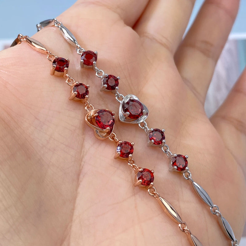 925 Sterling Silver Red Garnet Heart Bangle Bracelet for Women