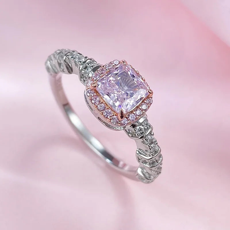 Sterling Silver 5*5 ct Pink Diamond Cushion Ring for Women