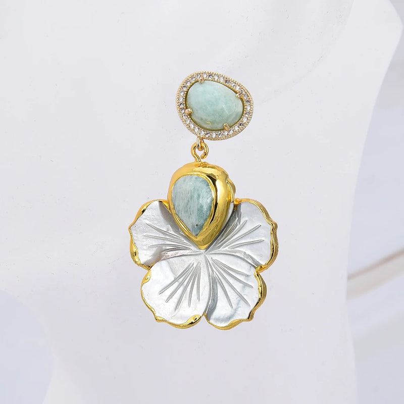 Sterling Silver Natural White Shell Mother of Pearl ~0.25 ctw Carved Flower Amazonite CZ Paved Stud Earrings for Women