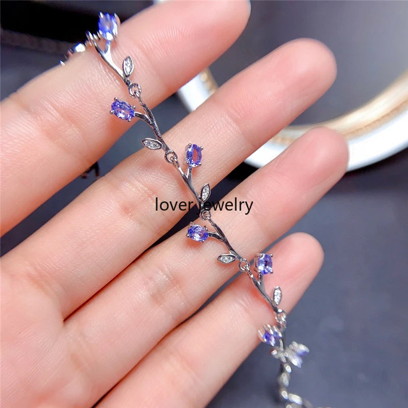 Sterling Silver Tanzanite Leaf Chain-Link Bracelet for Women