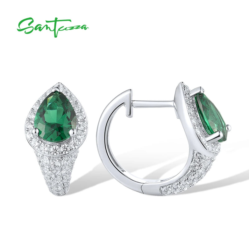 925 Sterling Silver White CZ Green Spinel Hoop Earrings for Women