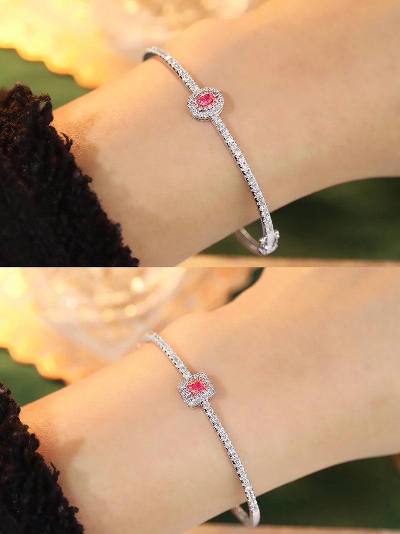 18K White Gold Bangle with Pink Diamond, Geometric Design for Women