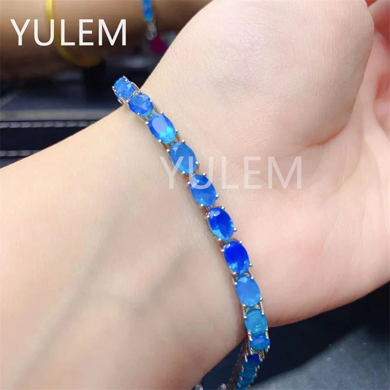 925 Sterling Silver Natural Sapphire/Opal Gemstone Bracelet for Women