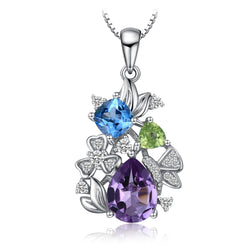 925 Sterling Silver Amethyst Blue Topaz Peridot Chrome Diopside Flower Pendant for Women