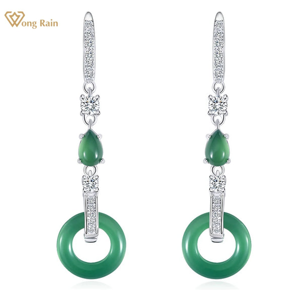 Wong Rain Vintage 100% 925 Sterling Silver Green Jade High Carbon Diamond Gemstone Drop Dangle Earrings Fine Jewelry for Women