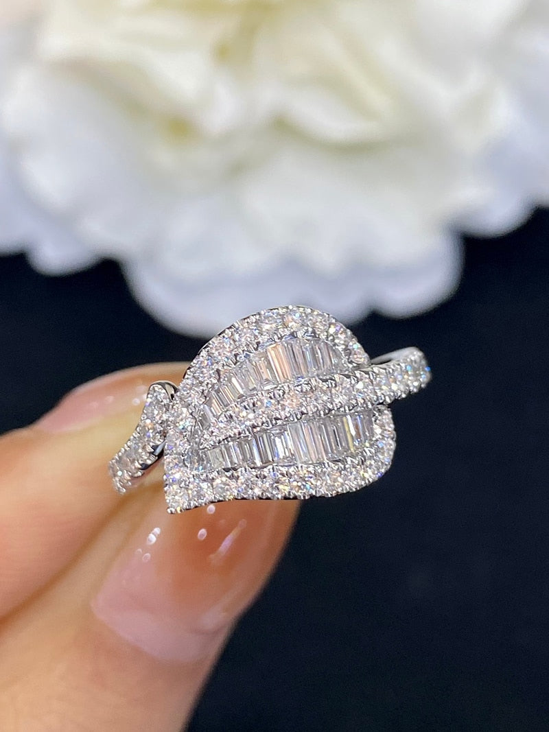 18K White Gold Diamond Leaf Ring for Women