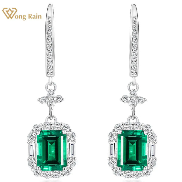 Wong Rain Vintage 100% 925 Sterling Silver 6*8MM 2CT Emerald High Carbon Diamond Gemstone Drop Dangle Earrings Fine Jewelry Gift