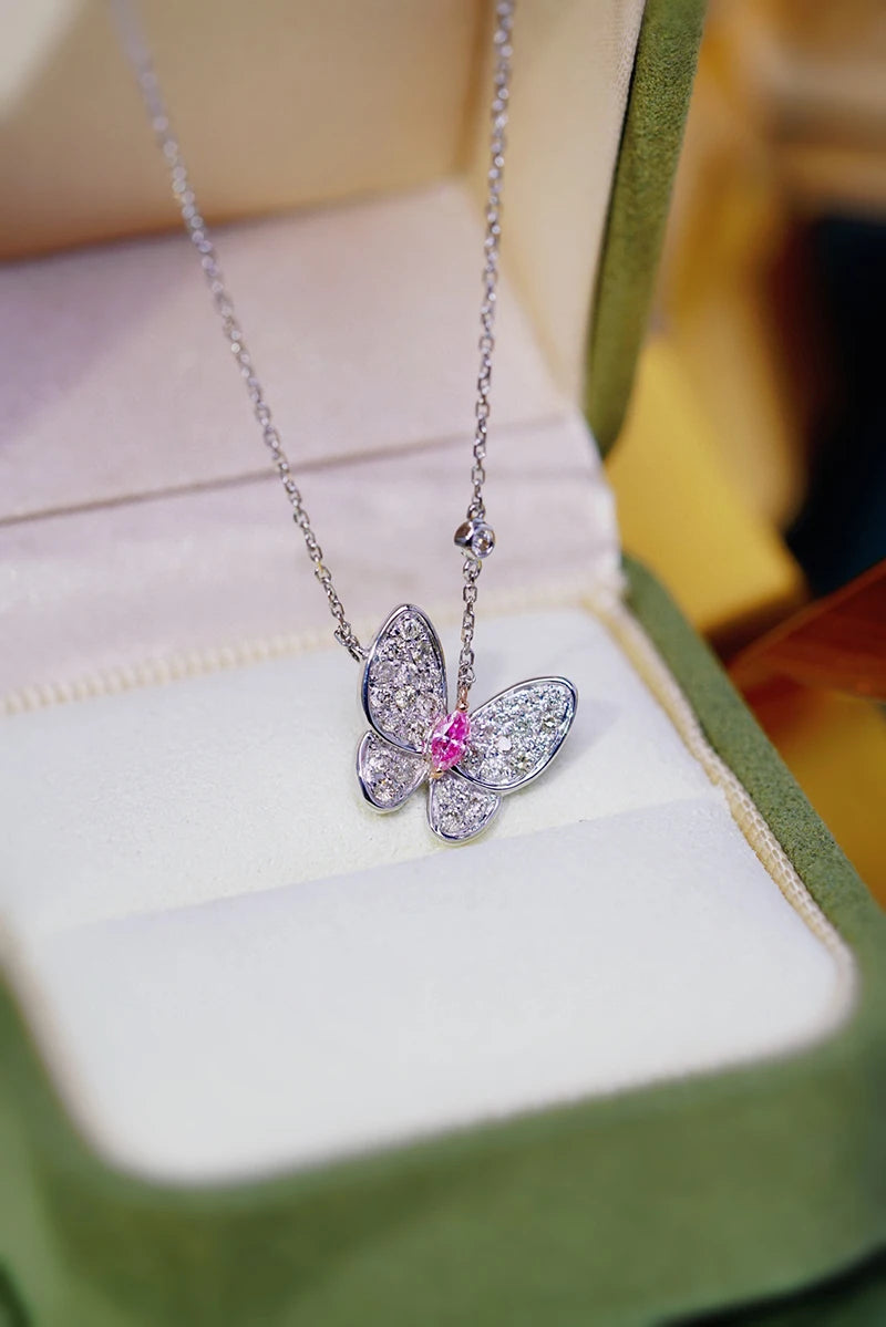 18K White Gold Pink Diamond Butterfly Pendant Necklace for Women