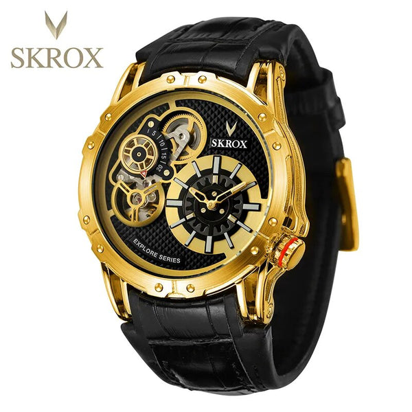 Stainless Steel Leather Double Movement Automatic Mechanical Watch for Men