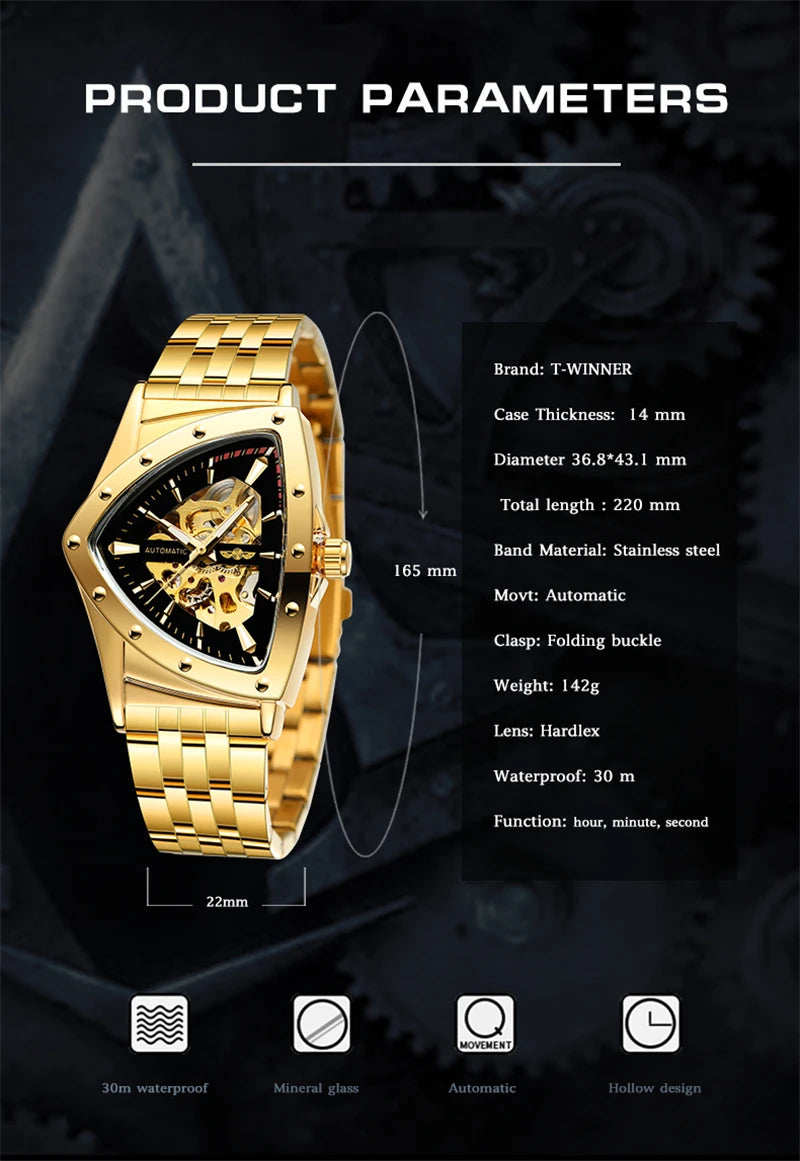 Golden Stainless Steel Skeleton Wrist Watch for Men