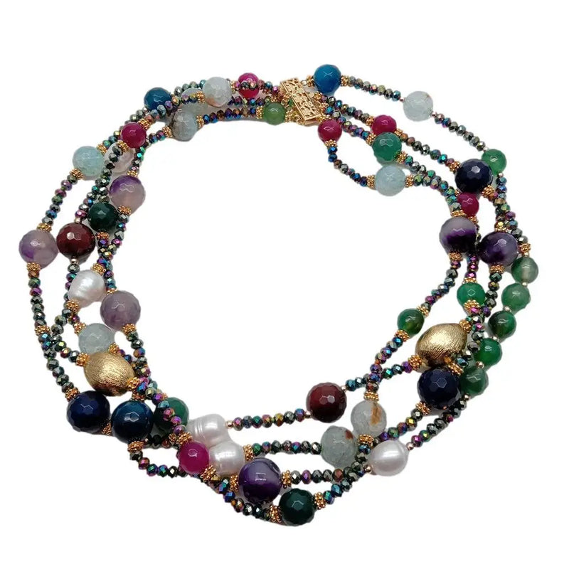 Sterling Silver Cultured White Pearls & Multi Color Agate Choker Necklace for Women