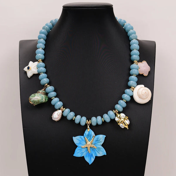 Natural Blue Jade Quartz and White Pearl Multi Shell Stone Pendant Necklace for Women