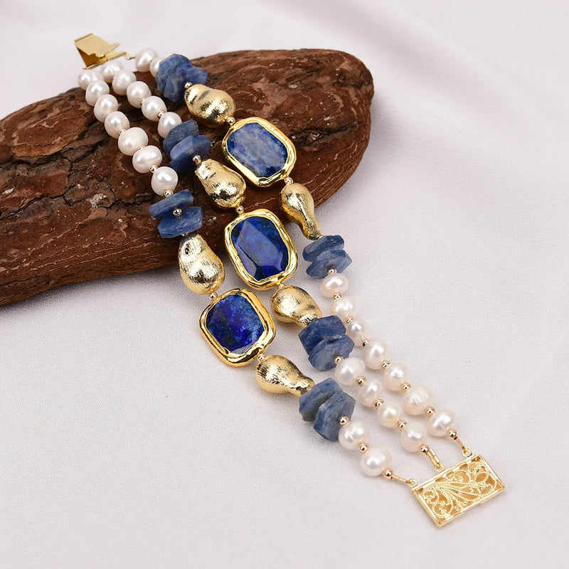 Gold Plated Kyanite, Pearl & Lapis Lazuli Bracelet for Lady