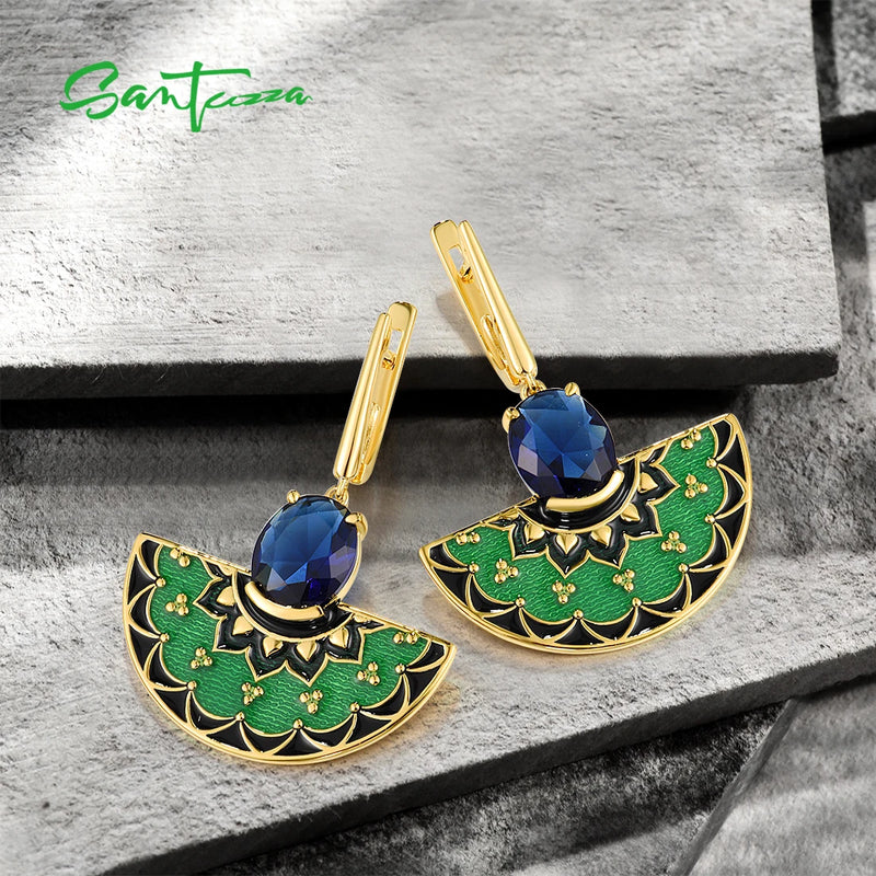 Sterling Silver Blue Stone Green Enamel Earrings for Women