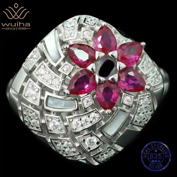 Sterling Silver Lab Sapphire Ruby High Carbon Diamonds Gemstone Flower Rings