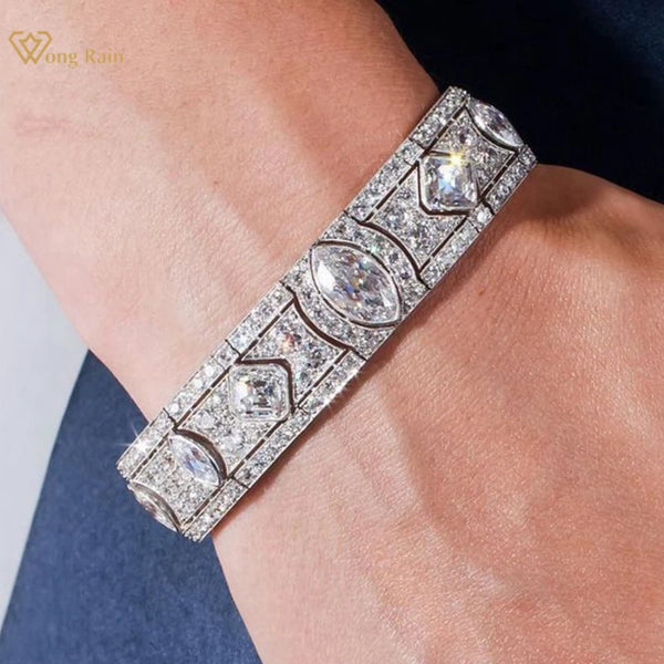 Wong Rain Elegant 925 Sterling Silver Sparkling Marquise Cut Lab Sapphire Gemstone Bracelets Bangle Fine Jewelry for Women