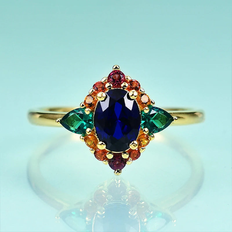 14K Gold Filled 925 Sterling Silver Lab Sapphire, Emerald, Garnet, Citrine Halo Ring for Women