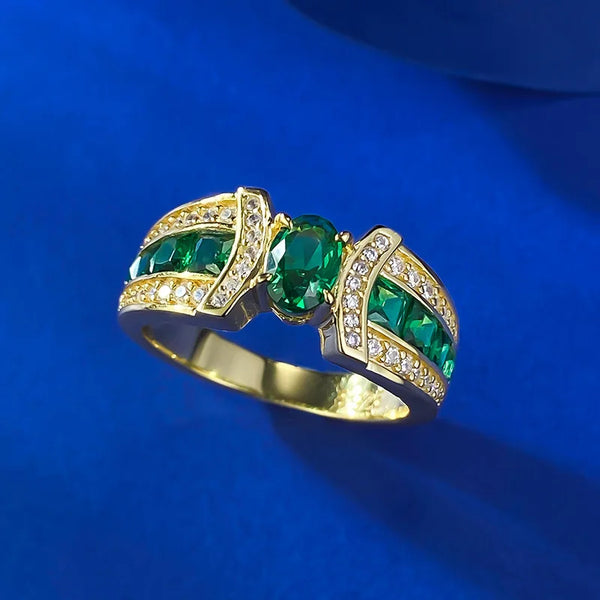 Sterling Silver Oval Emerald & Diamond Ring for Women