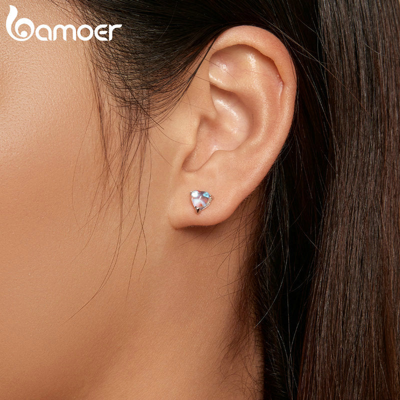 Sterling Silver Heart Moonstone Stud Earrings for Women