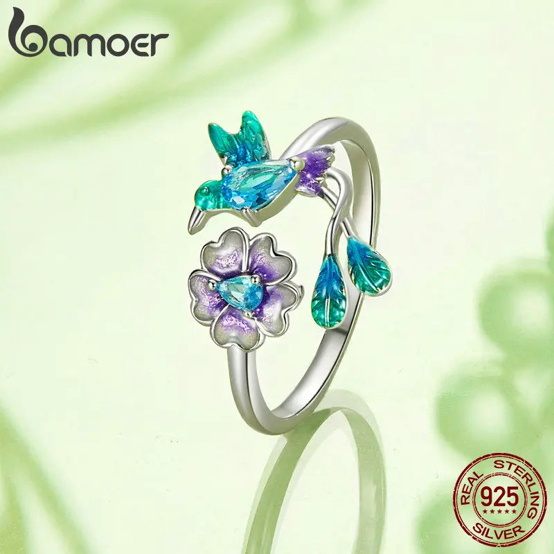 925 Sterling Silver Enamel Dragonfly Adjustable Ring with Zircon Flowers for Women