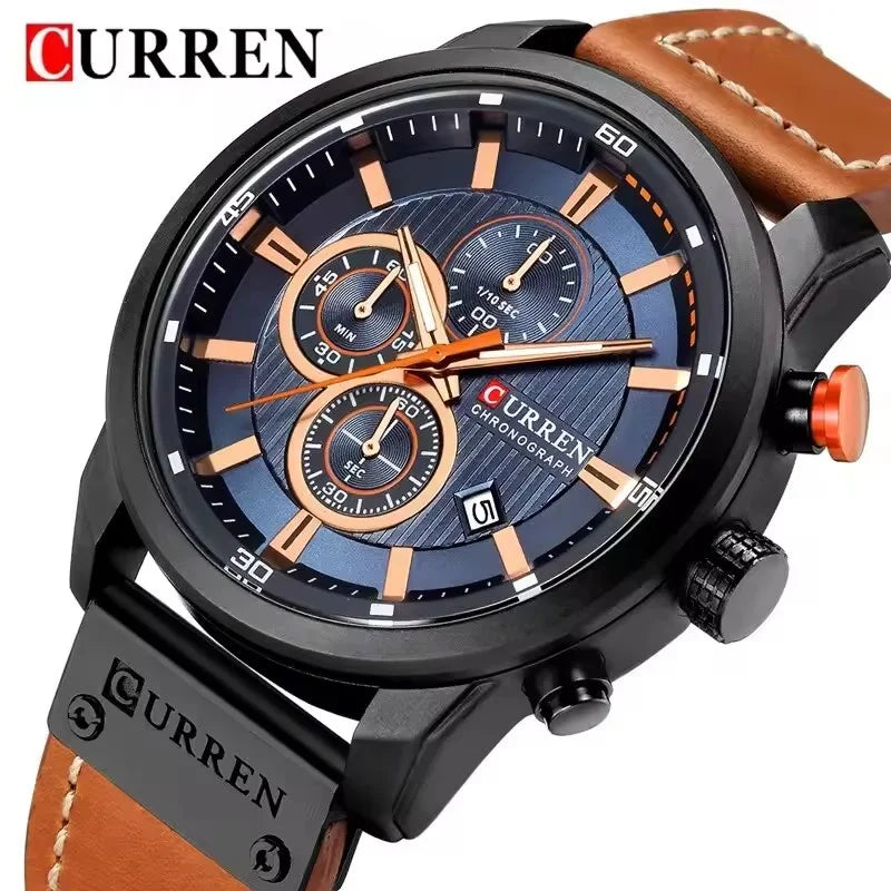 Stainless Steel Brown Leather Chronograph Watch for Men