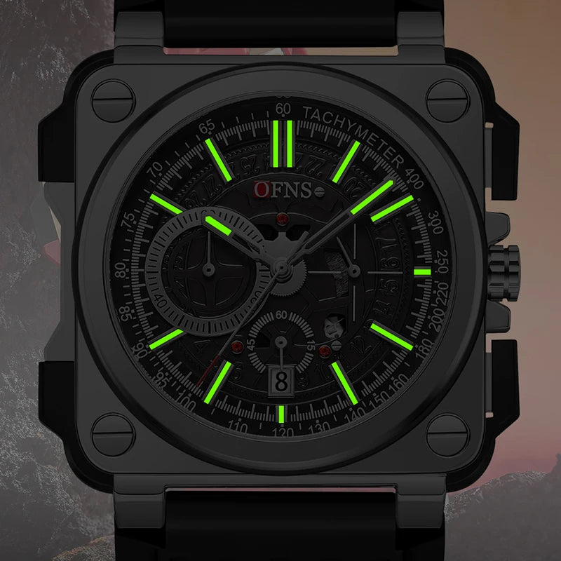 Stainless Steel Quartz Chronograph Watch with Luminous Silicone Strap for Men