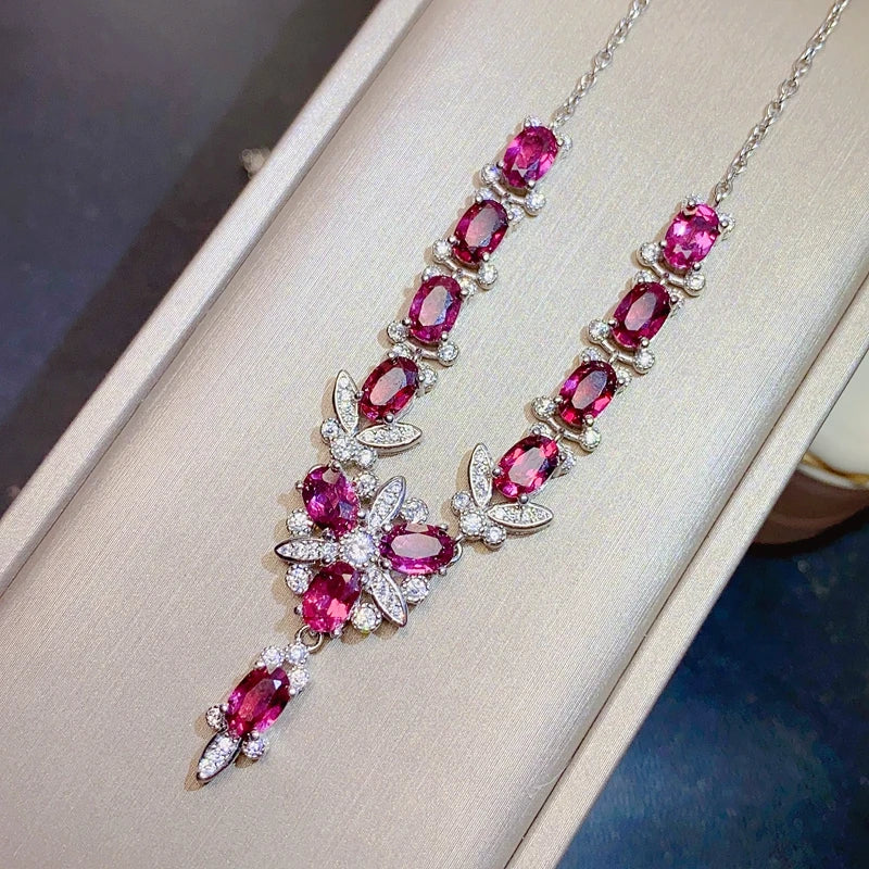 925 Silver Opal Garnet Necklace with Beautiful Leaves