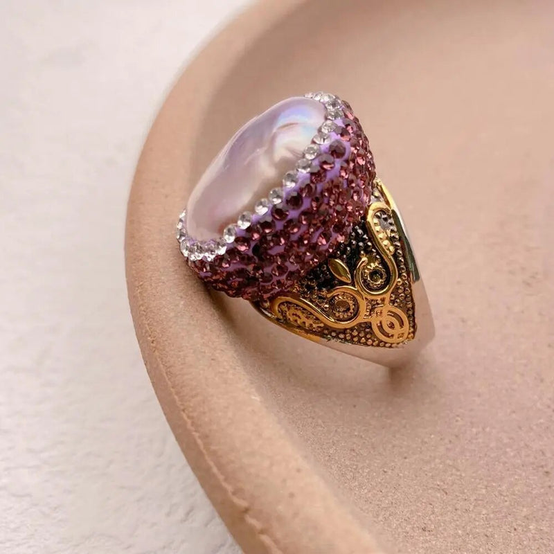 Adjustable Plated Purple Keshi Pearl and Crystal Ring for Women